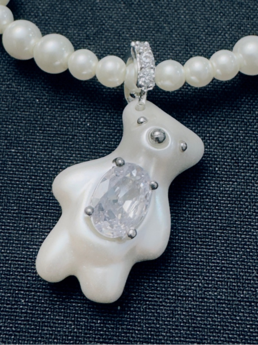 Pearl Teddy Pendant Necklace - White Pearl Teddy Charm